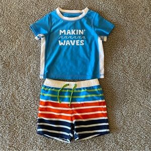 Toddler Boy Swim Set Rash Guard & Trunks Set 2-piece Boys 2T Blue White orange